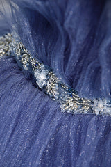 Blue Layers Tulle Long Corset Prom Dresses, A-Line Spaghetti Straps Evening Dresses outfit, Bridesmaid Dress Strapless