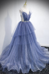 Blue Layers Tulle Long Corset Prom Dresses, A-Line Spaghetti Straps Evening Dresses outfit, Bridesmaids Dresses Strapless