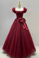 Burgundy Tulle Short Sleeve A-Line Corset Formal Dresses, Burgundy Evening Dresses outfit, Formal Dresses Over 60