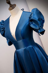 Blue V-Neck Satin Long Corset Prom Dresses, A-Line Blue Evening Dresses outfit, Fantasy Dress