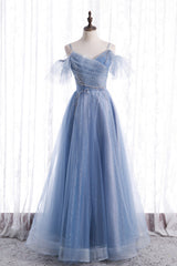 Blue Tulle Long A-Line Corset Prom Dresses, Blue Spaghetti Strap Evening Dresses outfit, Party Dresses Classy Christmas