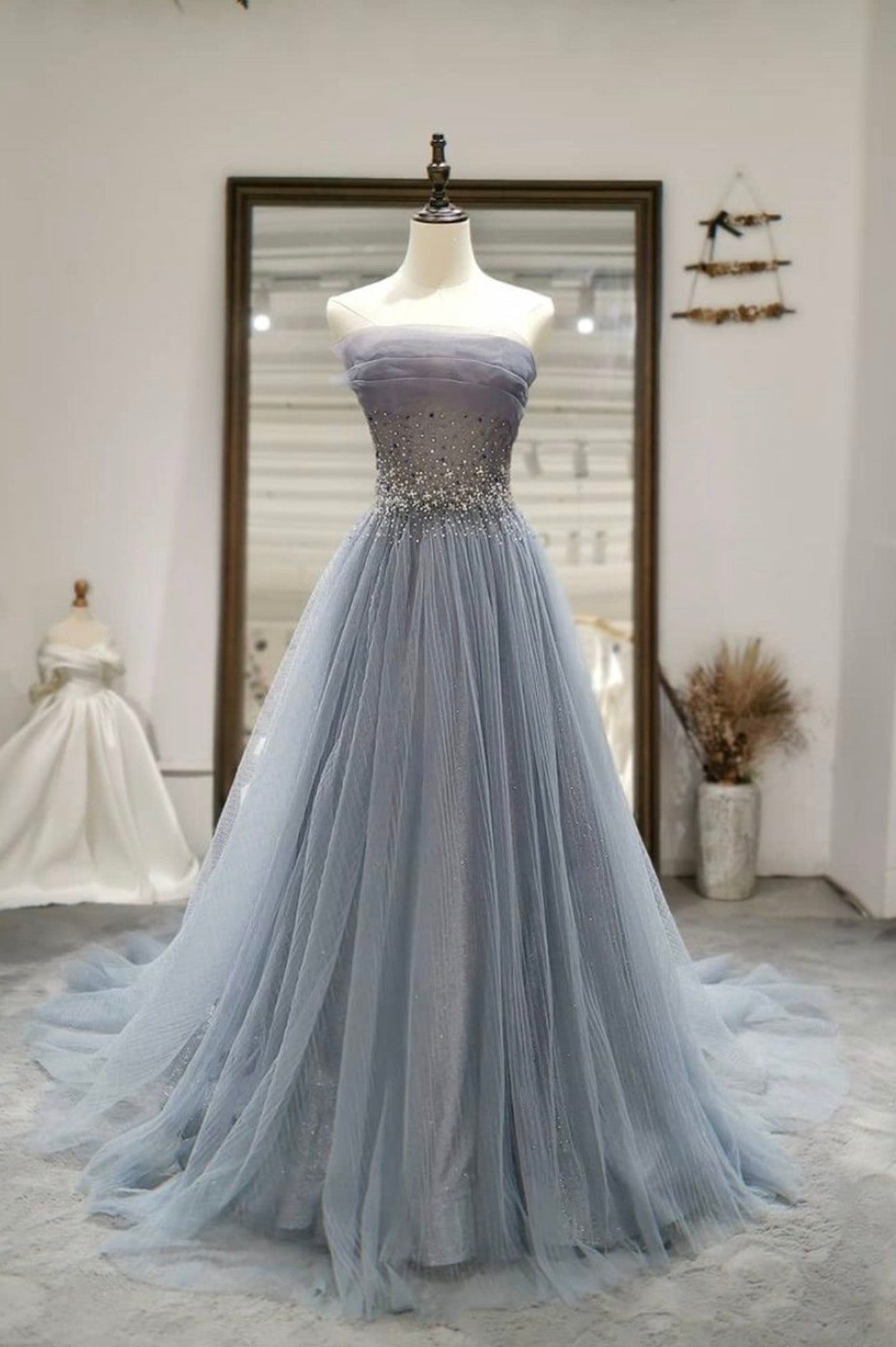 Gray Tulle Beading Long Corset Prom Dresses, A-Line Strapless Evening Dresses outfit, Prom Dresses Shops