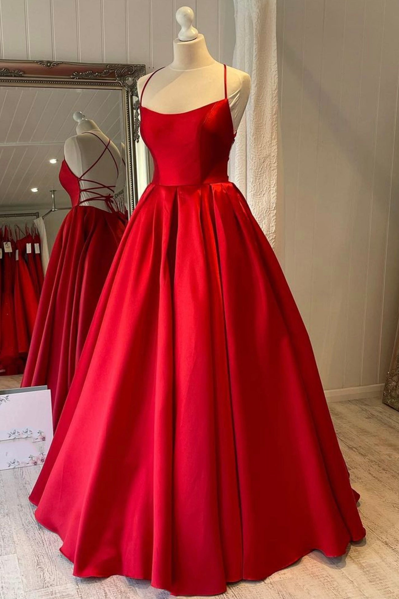 Red Satin Long Corset Prom Dress, Simple A-line Evening Dress outfit, Party Dress Near Me