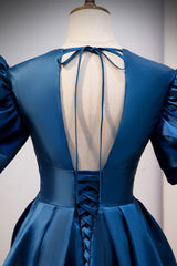 Blue V-Neck Satin Long Corset Prom Dresses, A-Line Blue Evening Dresses outfit, Party Dress Brown