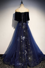 Blue Velvet Tulle Long Corset Prom Dresses, Blue Corset Formal Evening Dresses outfit, Long Black Dress