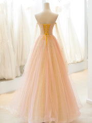 Cute Tulle Long Corset Prom Dress, A-Line Strapless Evening Dress outfit, Homecoming Dresses Pockets