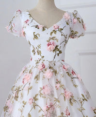 White V Neck 3D Flowers Long Corset Prom Dress, White Evening Dress outfit, Prom Dresses Brand