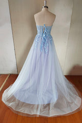 Blue Strapless Lace Long A-Line Corset Prom Dress, Blue Evening Party Dress Outfits, Party Dress Cheap