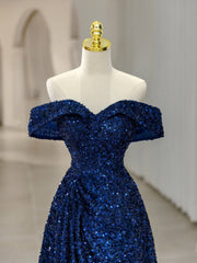 Blue Sequins Long Corset Prom Dress, Off the Shoulder Blue Evening Dress outfit, Party Dress Wedding