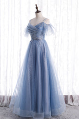 Blue Tulle Long A-Line Corset Prom Dresses, Blue Spaghetti Strap Evening Dresses outfit, Party Dress For Christmas