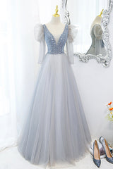 Cute V-Neck Tulle Beaded Long Corset Prom Dress, Gray A-Line Evening Party Dress Outfits, Hoco