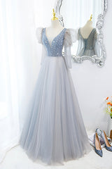 Cute V-Neck Tulle Beaded Long Corset Prom Dress, Gray A-Line Evening Party Dress Outfits, Sundress