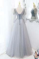 Cute V-Neck Tulle Beaded Long Corset Prom Dress, Gray A-Line Evening Party Dress Outfits, Prom Dresses Long