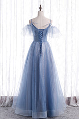 Blue Tulle Long A-Line Corset Prom Dresses, Blue Spaghetti Strap Evening Dresses outfit, Party Dress After Wedding