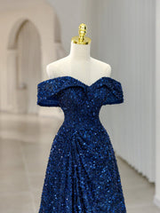 Blue Sequins Long Corset Prom Dress, Off the Shoulder Blue Evening Dress outfit, Party Dress Night