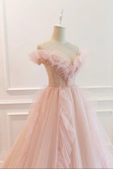 Pink Tulle Long Corset Prom Dresses, A-Line Graduation Dresses outfit, Bridesmaids Dress Short