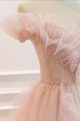 Pink Tulle Long Corset Prom Dresses, A-Line Graduation Dresses outfit, Bridesmaid Dress With Sleeve