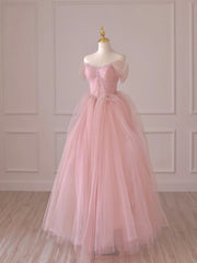 Pink Tulle Lace Long Corset Prom Dress, Off the Shoulder Evening Dress outfit, Bridesmaids Dress With Lace