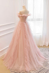 Pink Tulle Long Corset Prom Dresses, A-Line Graduation Dresses outfit, Bridesmaid Dresses With Sleeve