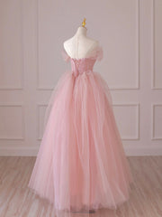 Pink Tulle Lace Long Corset Prom Dress, Off the Shoulder Evening Dress outfit, Bridesmaids Dresses With Lace