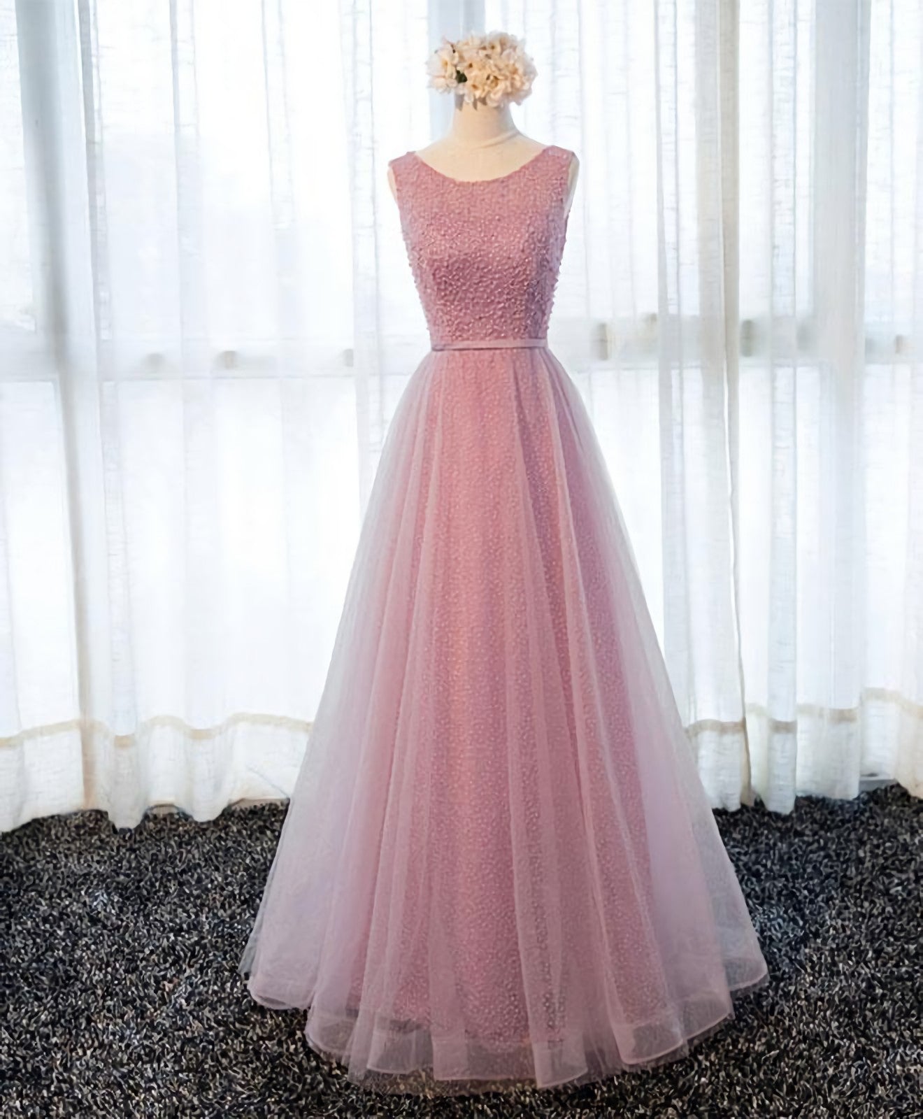 A Line Round Neck Tulle Long Corset Prom Dress, Lace Evening Dress outfit, Homecoming Dresses Silk