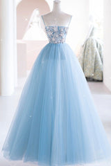 Blue Spaghetti Strap Tulle Beading Long A-Line Corset Prom Dresses outfit, Party Dresses Shopping