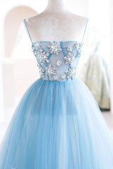 Blue Spaghetti Strap Tulle Beading Long A-Line Corset Prom Dresses outfit, Party Dress Near Me