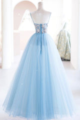 Blue Spaghetti Strap Tulle Beading Long A-Line Corset Prom Dresses outfit, Party Dresses Near Me