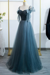 Blue Tulle Long A-Line Corset Prom Dress, Lovely Blue Evening Party Dress Outfits, Party Dress Christmas