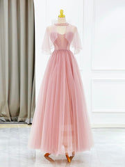 Pink Tulle Long Corset Prom Dress with Beaded, Lovely A-Line Evening Dress outfit, Bridesmaid Dresses For Girls