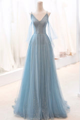 Blue Spaghetti Strap Tulle Long Corset Prom Dress, V-Neck Evening Party Dress Outfits, Party Dress Formal