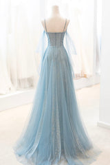 Blue Spaghetti Strap Tulle Long Corset Prom Dress, V-Neck Evening Party Dress Outfits, Party Dress Shop Near Me