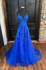 Blue V-Neck Tulle Long Corset Prom Dresses, Elegant A-Line Lace Evening Dresses outfit, Chic Dress Classy