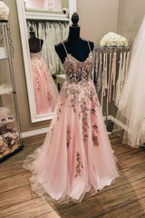 Pink Tulle Lace Long Corset Prom Dresses, Lovely A-Line Evening Dresses outfit, Bridesmaids Dresses Orange