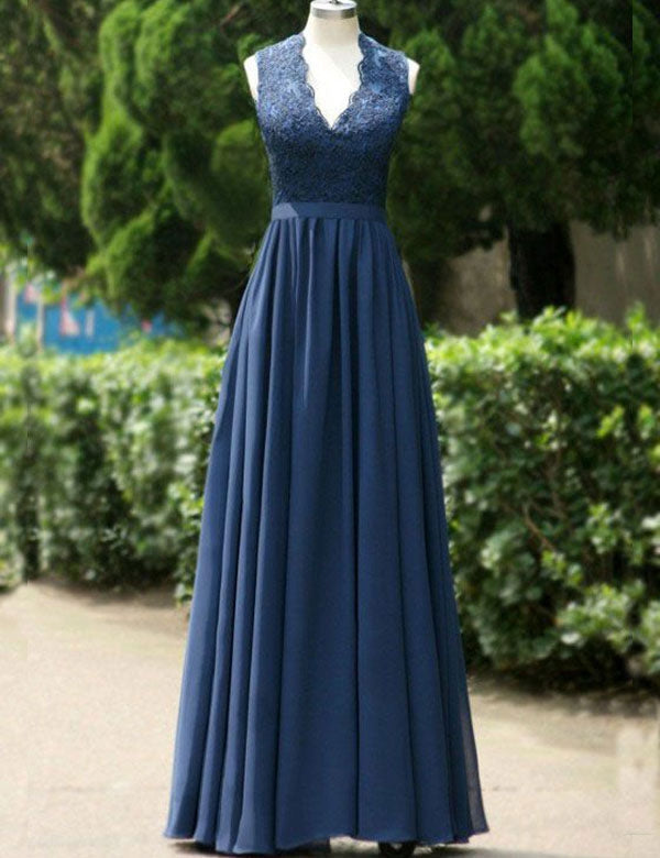 Modest A-Line Navy Blue Long Chiffon Corset Bridesmaid Dress outfit, Prom Dresse Long