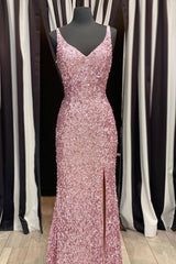 Gorgeous Mermaid V-Neck Pearl Pink Long Corset Prom Dress with Slit Gowns, Cute Prom Dress