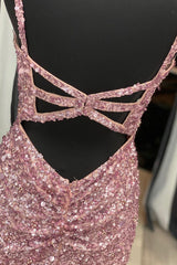 Gorgeous Mermaid V-Neck Pearl Pink Long Corset Prom Dress with Slit Gowns, Sequin Dress