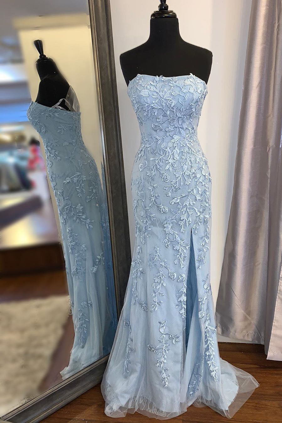 Elegant Strapless Mermaid Sky Blue Long Lace Corset Prom Dress with Slit Gowns, Party Dress Styles