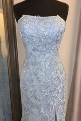 Elegant Strapless Mermaid Sky Blue Long Lace Corset Prom Dress with Slit Gowns, Party Dress Inspiration