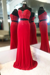 Elegant Two Piece Sweetheart Beaded Red Corset Prom Dress with Lace-up Back Gowns, Party Dress Quick