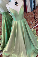 Elegant A-Line Empire V-Neck Green Long Corset Prom Dress with Straps Gowns, Party Dress Ladies