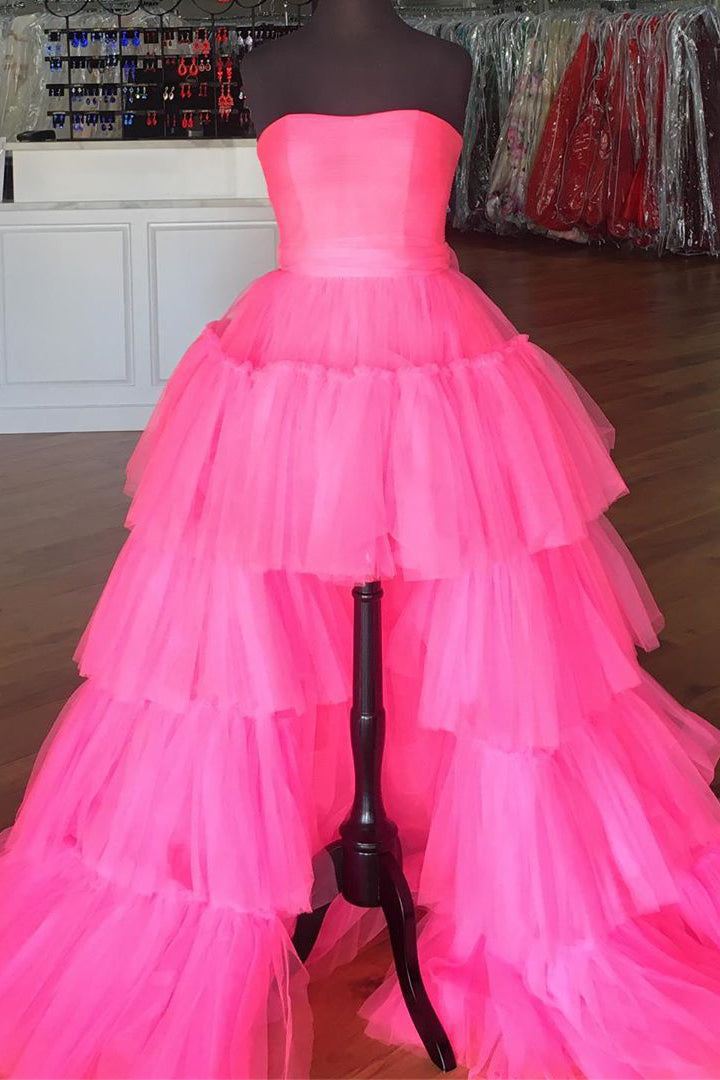 Elegant Strapless Layered Hot Pink Long Corset Prom Dress with Slit Gowns, Simple Prom Dress