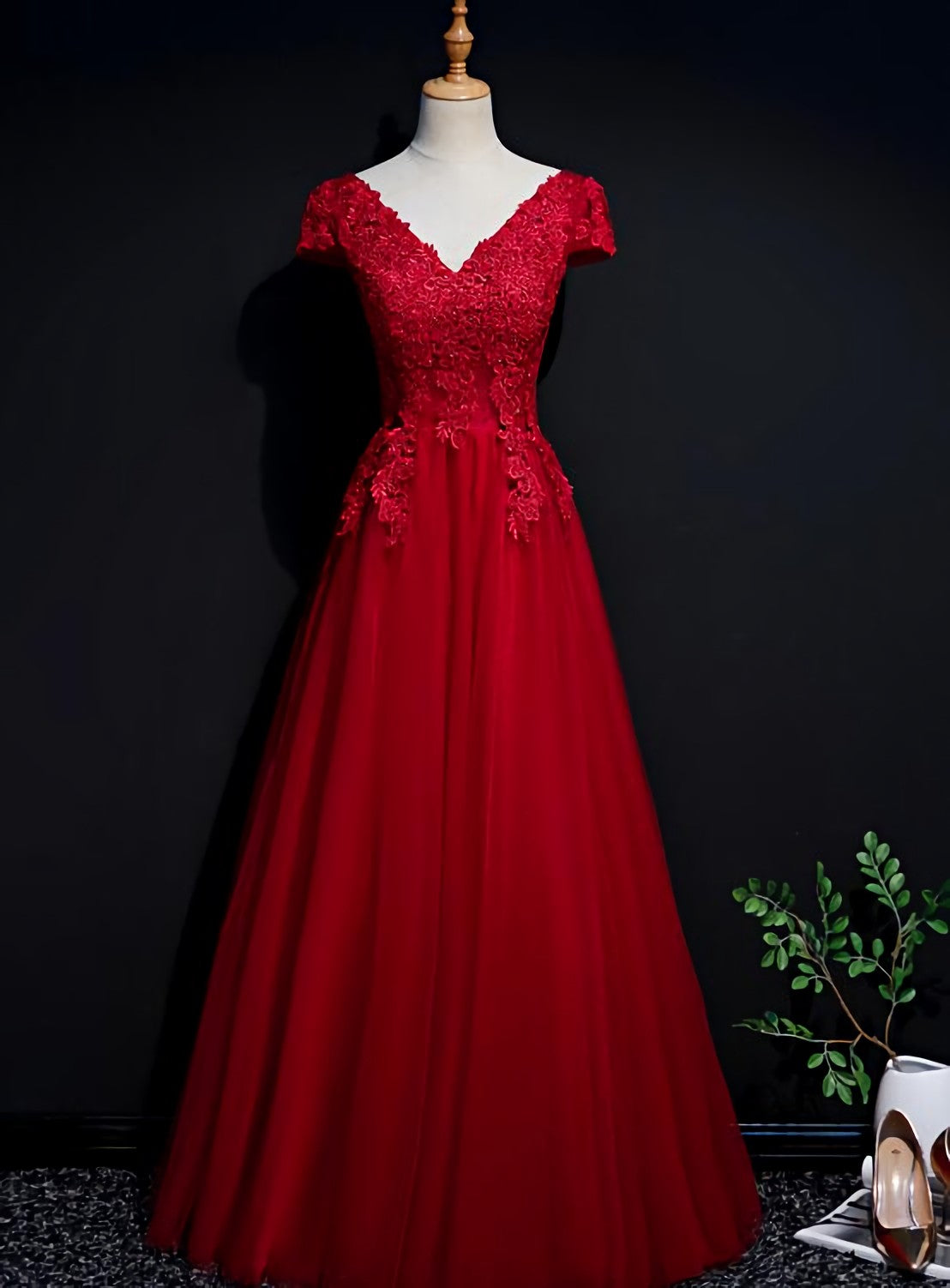 Red Tulle Cap Sleeves Long Corset Prom Dress 2024 A Line Party Dress Outfits, Dress Ideas