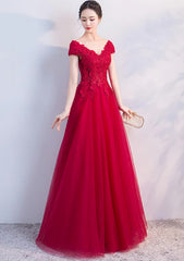 Red Tulle Cap Sleeves Long Corset Prom Dress 2024 A Line Party Dress Outfits, Functional Dress