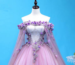 Light Purple Tulle Long Sweet 16 Gown, Flowers Quinceanera Dress outfit, Prom Dresses 2023 Cheap