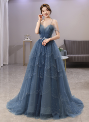 Blue Shiny Tulle Layers Straps Beaded Long Corset Prom Dress, A Line Chic Evening Dress outfit, Formal Dresses Online