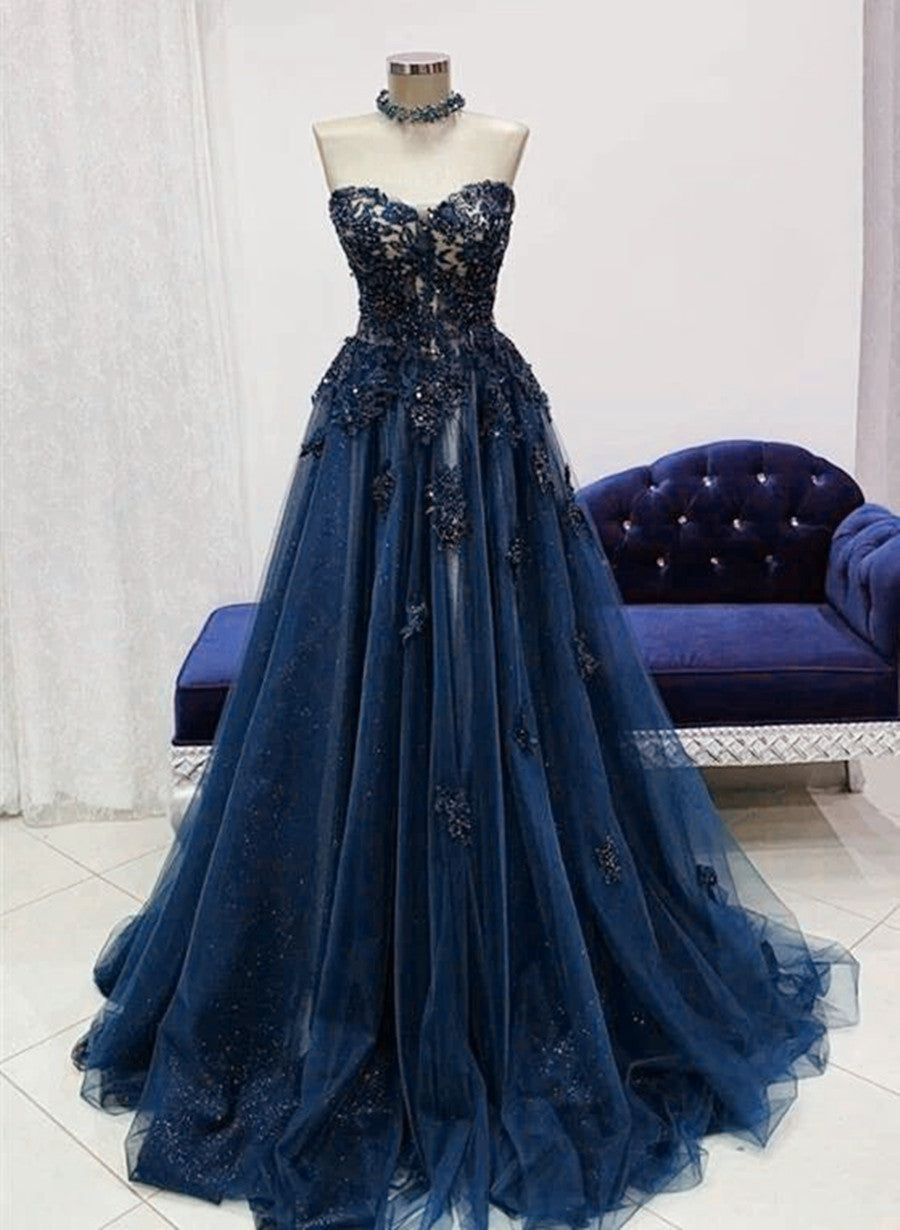 Navy Blue Tulle With Lace Sweetheart Long Corset Formal Dress, Blue Long Corset Prom Dress outfits, Formal Dress Trends