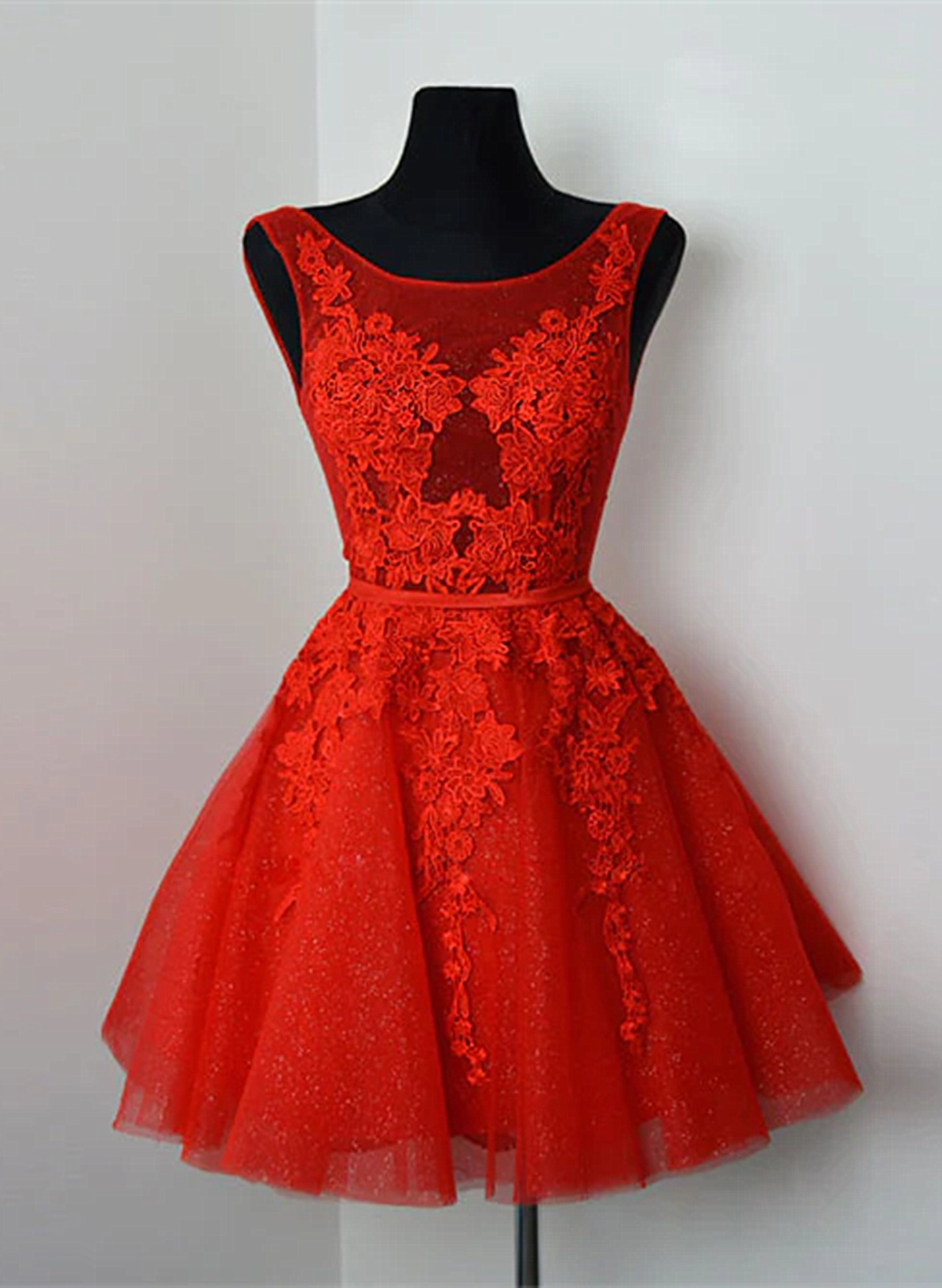Red Lace Round Neckline Short Party Dress, Red Short Corset Homecoming Dress outfit, Formal Dress Short