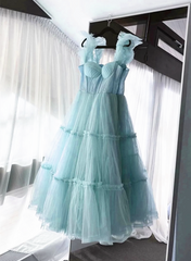 Light Blue Tulle Straps Long Party Dress Evening Dress, Light Blue A-Line Corset Prom Dress outfits, Homecoming