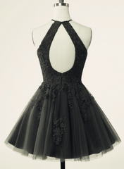 Black Halter Tulle With Lace Short Party Dress, Black Tulle Corset Homecoming Dress outfit, Long Sleeve Prom Dress